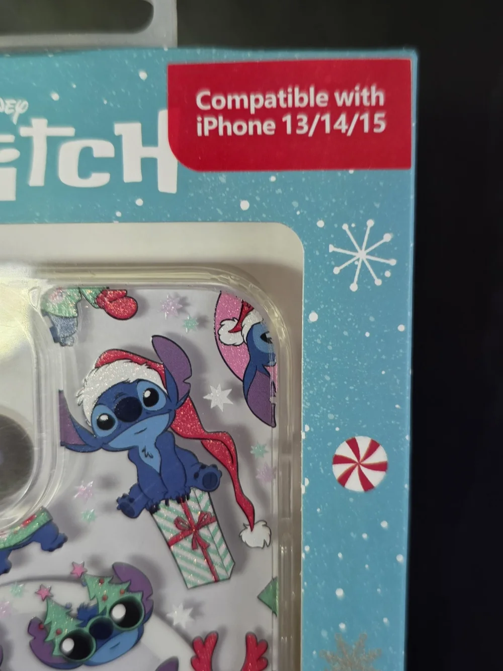 Disney Holiday Stitch Clear Phone Case with Blue, Red, Green Accents
